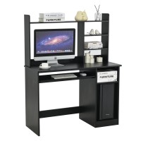 Rockpoint Axess Black Computer Desk With Hutch, Keyboard Tray And Bookshelf For Home Office Bedroom, Homework And School Studying Writing Desk For Student With Pc Stand, Laptop Desk