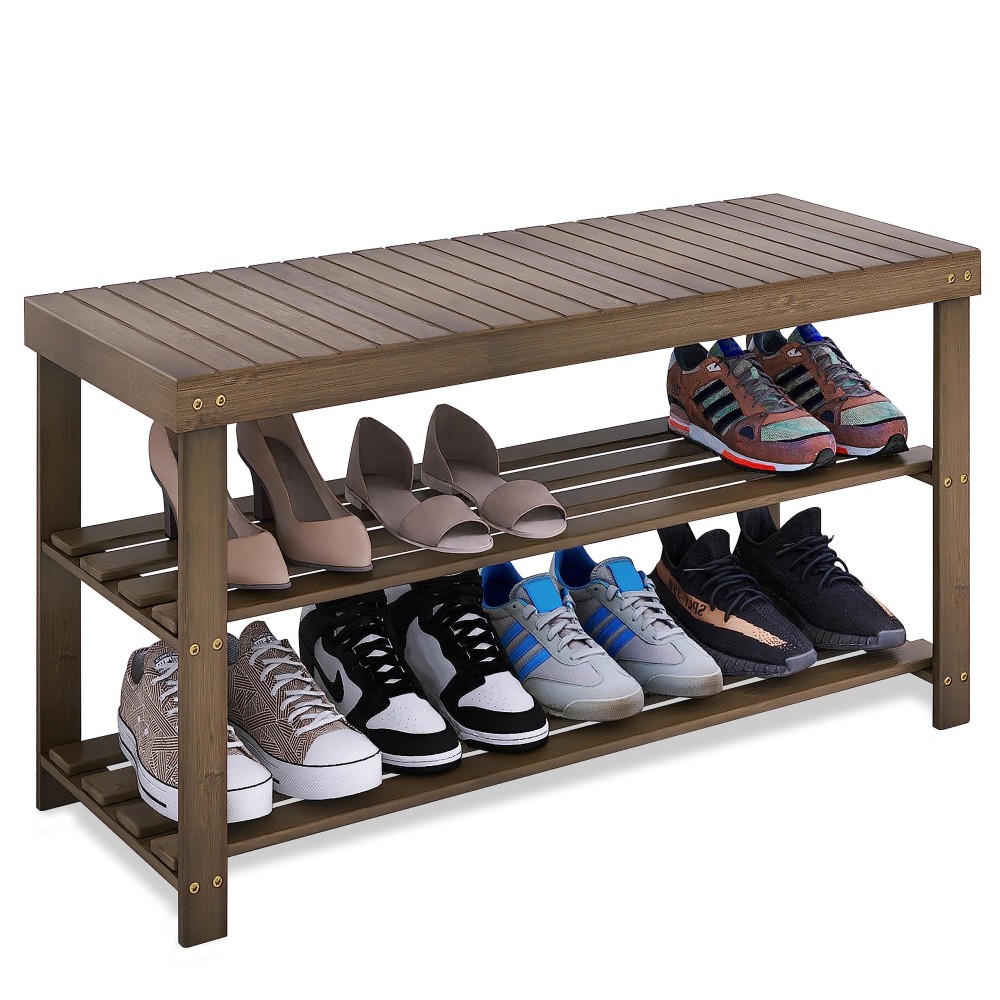 Smibuy Bamboo Shoe Rack Bench, 3-Tier Shoe Organizer Storage Shelf For Entryway Hallway Bathroom Living Room (Walnut)