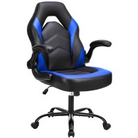 Olixis Ergonomic Office Computer Gaming Chair With Lumbar Support Flip-Up Arms Adjustable Height Pu Leather Swivel With Wheels, 25.98D X 25.39W X 41.73H, Blue