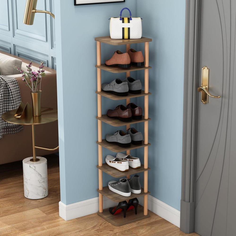 Lucknock 8 Tiers Vertical Shoe Rack, Narrow Organizer, Stylish Wooden Shoe Storage Stand, Space Saving Shelf Tower, Free Standing For Entryway, No-Tool Assembly, Walnut.