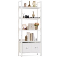 Furologee 5 Tier Bookshelf With Drawers, White Tall Bookcase With Shelves, Wood And Metal Book Shelf Storage Organizer, Modern Display Free Standing Shelf Unit For Bedroom, Living Room, Office
