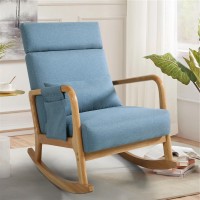 Yuuyee Patio Rocking Chair Outdoor/Indoor, Wooden Glider Rocker Chair With Lumbar Pillow, Modern Upholstered Comfy Accent Living Room Chairs For Adults, Head/Neck Supporting, Side Pocket (Blue)