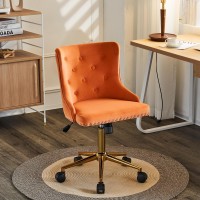 Vingli Burnt Orange Velvet Armless Home Office Desk Chair With Gold Base/Wheels, Small Cute Vanity/Makeup Chair With Back For Bedroom, Upholstered Adjustable Rolling Swivel Nail Chair For Women/Girls