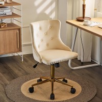 Vingli Beige Velvet Armless Home Office Desk Chair With Gold Base/Wheels, Small Cute Vanity/Makeup Chair With Back For Bedroom, Upholstered Adjustable Rolling Swivel Nail Chair For Women/Girls