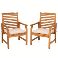 Mfstudio 2 Pieces Acacia Wood Patio Dining Chairs, Natural Oil Finished Outdoor Dining Chair Set Of 2, Slat Back Patio Dining Chair With Removable Cushion For Garden, Backyard