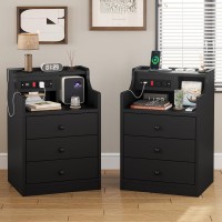 Adorneve Night Stand Set 2,Black Nightstand With Charging Station & Hutch,Night Stands For Bedrooms Set Of 2,Bedside Table With Drawers