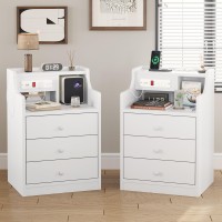Adorneve Night Stand Set 2,White Nightstand With Charging Station & Hutch,Night Stands For Bedrooms Set Of 2,Bedside Table With Drawers
