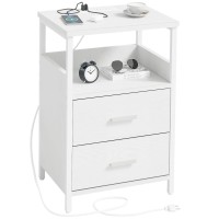 Khljju Nightstand With Charging Station, End Table Fabric-Wood 2-In-1 Drawer, Side For Small Spaces, White Bedside Tables Usb Ports And Outlets Living Room, Bedroom, Office, Khl-Bc-Bai-A