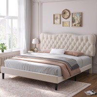 Hostack Queen Size Bed Frame, Velvet Upholstered Platform Bed Frame With Adjustable Headboard, Diamond Tufted Mattress Foundation With Wood Slats, Easy Assembly, No Box Spring Needed, (Queen, Cream)