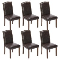 Dining Chairs Set Of 6, Pu Leather Dining Room Chairs, Upholstered Parsons Chairs With Nailhead Trim And Wood Legs, Kitchen Side Chair For Living Room, Brown