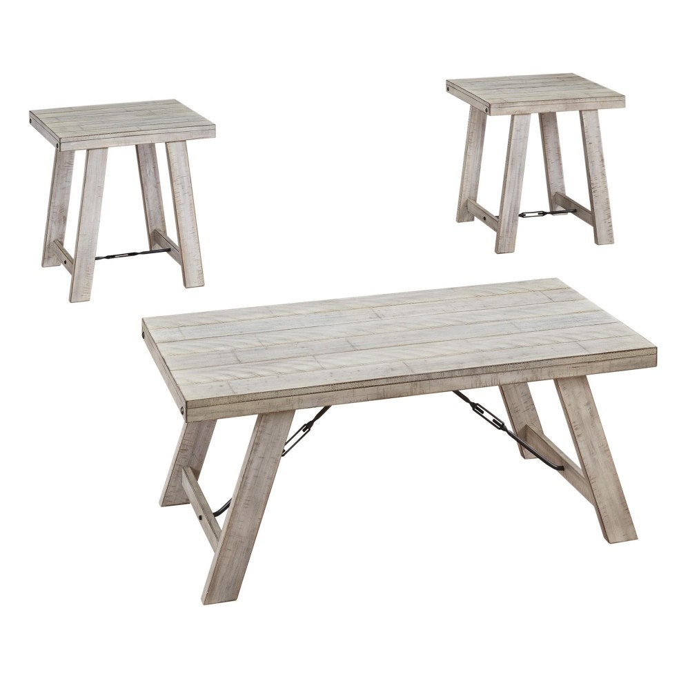 Wooden Table Set With Canted Legs And Tension Bars, Washed White