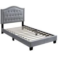 Button Tufted Twin Velvet Bed With Curved Headboard, Gray