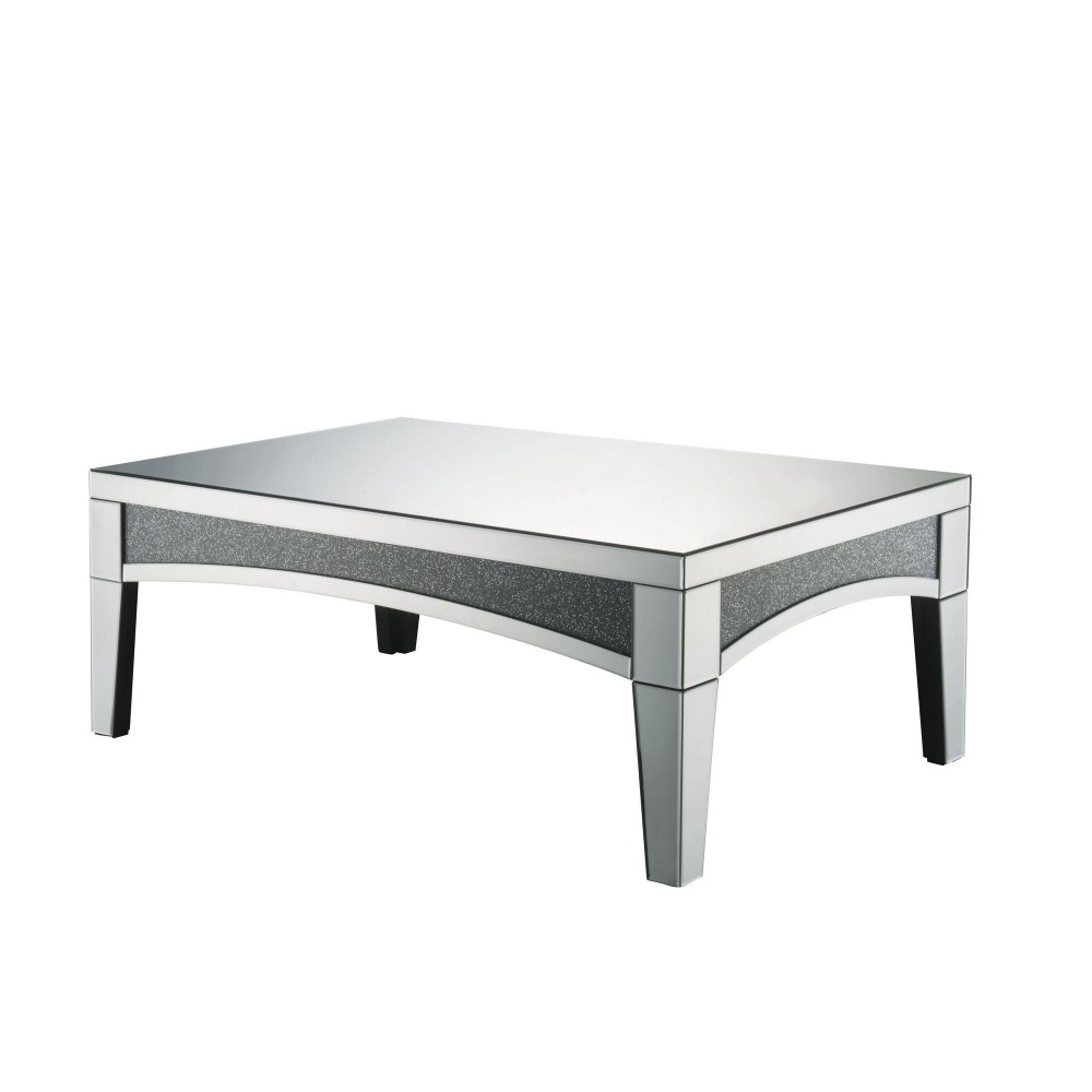 Coffee Table With Mirror Trim And Faux Stone Inlays, Silver