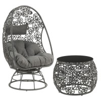 2 Piece Patio Lounge Chair With Open Circular Motifs, Black