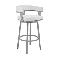 Swivel Barstool With Curved Open Back And Metal Legs, Silver And White