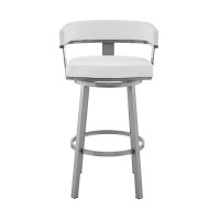 Swivel Barstool With Curved Open Back And Metal Legs, Silver And White