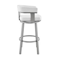 Swivel Barstool With Curved Open Back And Metal Legs, Silver And White