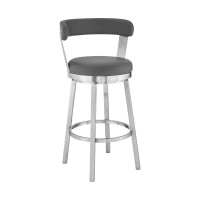 Swivel Barstool With Curved Open Back And Metal Legs, Gray And Silver