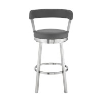 Swivel Barstool With Curved Open Back And Metal Legs, Gray And Silver