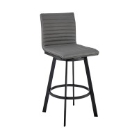 Swivel Barstool With Horizontal Channel Stitching, Black And Gray