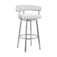 Swivel Barstool With Curved Open Back And Metal Legs, White And Silver