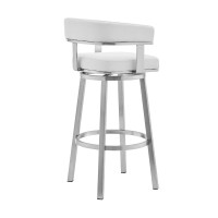Swivel Barstool With Curved Open Back And Metal Legs, White And Silver