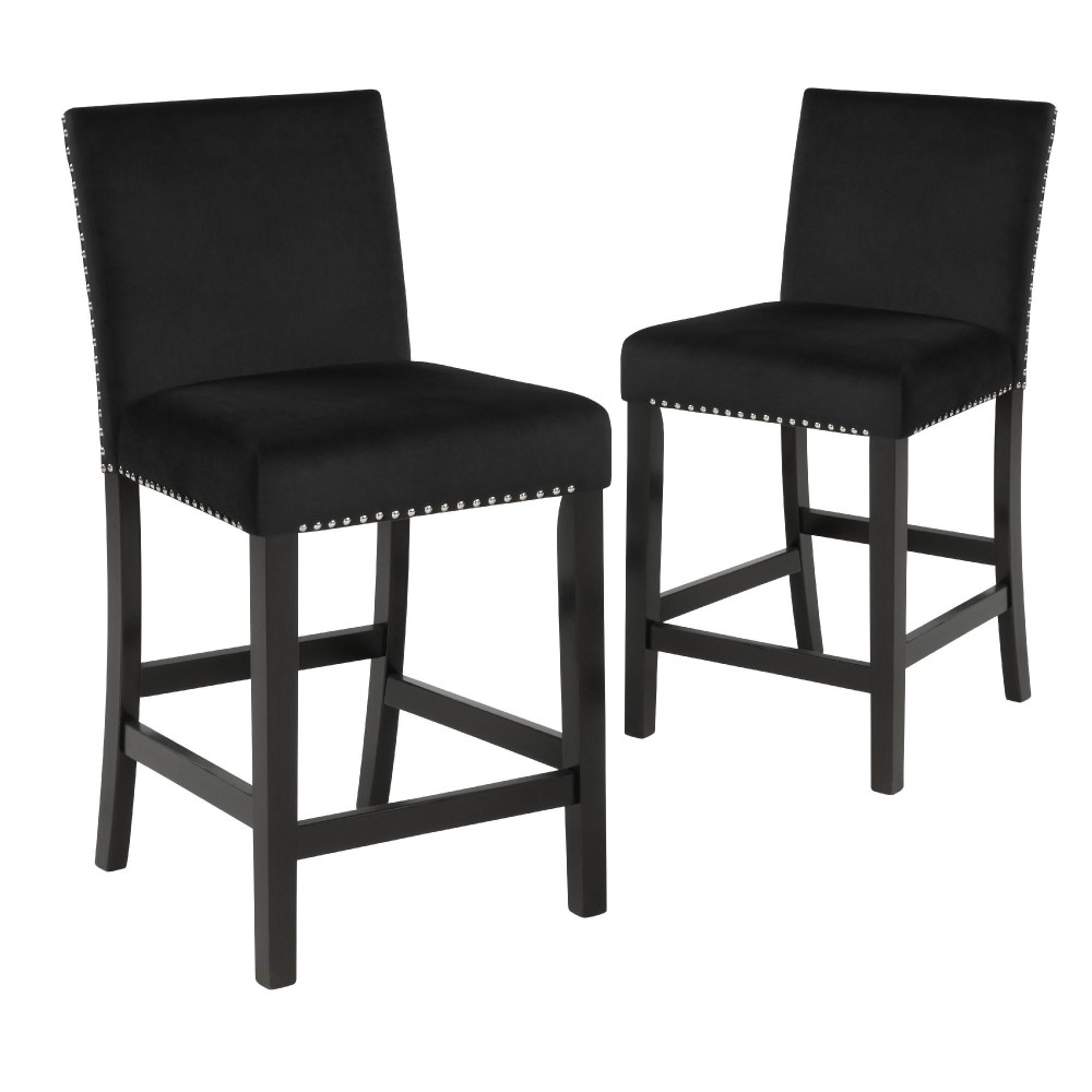 Kate 40 Inch Wooden Counter Height Chair With Velvet Seat, Set Of 2, Black