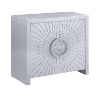 37 Inch 2 Door Wood Storage Cabinet Console Table, Sunburst Design, Silver