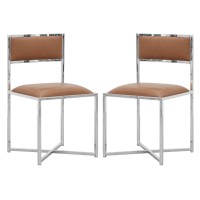 Eun 20 Inch Vegan Faux Leather Dining Chair, Chrome Base, Set Of 2, Brown