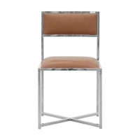Eun 20 Inch Vegan Faux Leather Dining Chair, Chrome Base, Set Of 2, Brown
