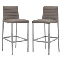Eun 30 Inch Faux Leather Channel Barstool, Chrome Legs, Set Of 2, Gray
