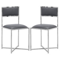 Eun 20 Inch Faux Leather Dining Chair, Chrome Base, Set Of 2, Dark Gray