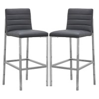 Eun 30 Inch Faux Leather Channel Barstool, Chrome, Set Of 2, Dark Gray