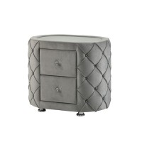 Jill 29 Inch Oval Nightstand, Tufted Velvet Upholstery, 2 Drawers, Grey