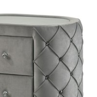 Jill 29 Inch Oval Nightstand, Tufted Velvet Upholstery, 2 Drawers, Grey