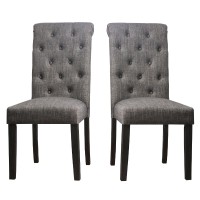 27 Inch Fabric Dining Chair, Button Tufted Rolled Back, Wood, Gray