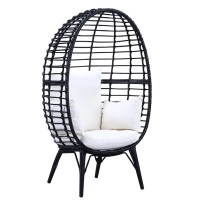 Loe 32 Inch Patio Lounge Chair, Oval Shape, Resin Rattan Wicker, Black