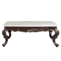 Ben 52 Inch Marble Coffee Table, Scrolled Details, Cabriole Legs, Brown