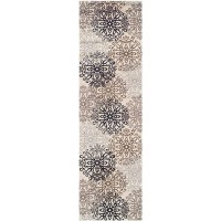 8' Tan Gray and Black Floral Medallion Stain Resistant Runner Rug | Floor Mat for Home D