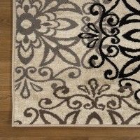 8' Tan Gray and Black Floral Medallion Stain Resistant Runner Rug | Floor Mat for Home D