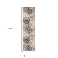 8' Tan Gray and Black Floral Medallion Stain Resistant Runner Rug | Floor Mat for Home D