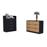Mullen 2 Piece Bedroom Set, Drawer Dresser + Drawer Dresser, Black Pine(D0102H2Bcwa)