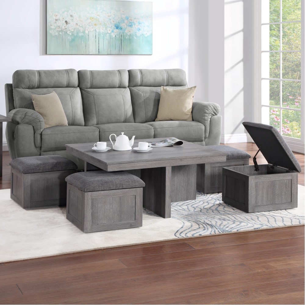 Moseberg Distressed Gray Coffee Table With Storage Stools(D0102H57Q32)