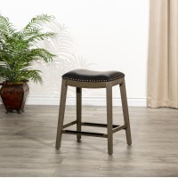 24 Counter Height Saddle Stool, Weathered Gray Finish, Black Leather Seat(D0102H5Lk66)