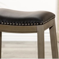 24 Counter Height Saddle Stool, Weathered Gray Finish, Black Leather Seat(D0102H5Lk66)