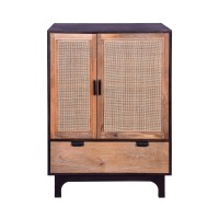 42 Inch Mango Wood Armoire Storage Cabinet, 2 Cane Rattan Woven Doors, 1 Drawer, Brown, Black(D0102H5Lra2)