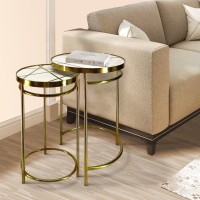 22, 20 Inch Round 2 Piece Marble Top Nesting End Table Set With Metal Frame, Brass Inlay, White(D0102H5T30J)