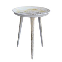 20 Inch Artisanal Industrial Round Tray Top Iron Side End Table, Tripod Base, Distressed White, Gold(D0102H5T30P)