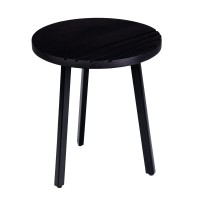 18 Inch Round Mango Wood Side End Table, Grooved Design, Metal Legs, Black(D0102H71386)