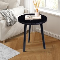 18 Inch Round Mango Wood Side End Table, Grooved Design, Metal Legs, Black(D0102H71386)